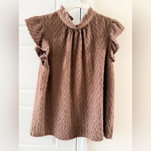 Voy Textured Brown Ruffle Sleeve Top Tie-Back Large Feminine Cottagecore New